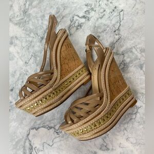 Jessica Simpson Beige Cork Wedge Sandals with Gold Accent - Women Shoes